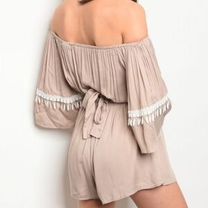 Womens Taupe Off Shoulder Lace Short Romper Tassel Detail Summer Party Outfit